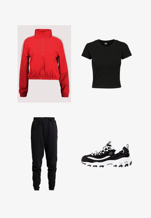 Rød vindjakke med høj krave, lynlås foran og elastisk kant. Har hvide side-striber og en let, glat tekstur.; Sort kortærmet t-shirt lavet af glat bomuldsstof, med rund halsudskæring og en tætsiddende pasform. Ingen synlige mønstre eller accenter.; Sorte joggingbukser lavet af blødt stof, med elastisk talje og snøre, tætsiddende ben og ribbede forneden.; Sort og hvid atletisk sko med overdel i ruskind, polstret krave og let sål. Har fremtrædende logo og kontrasterende syninger.