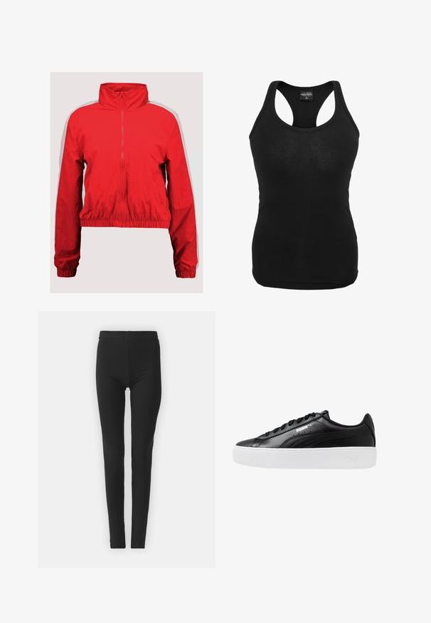 Chaqueta cortavientos roja con un cuello alto, cierre frontal y dobladillo elástico. Presenta rayas laterales blancas y una textura ligera y suave.; Top negro sin mangas hecho de una tela suave, con diseño de espalda nadadora y forma ajustada. Textura lisa sin patrones visibles ni elementos de hardware.; Leggings negros y elásticos con un ajuste ceñido, que cuentan con una cintura alta y una textura suave. Sin patrones visibles ni detalles de hardware.; Zapatillas de cuero negro con una textura suave, suela plataforma blanca y cordones negros que presentan un pequeño logo de Puma visible en el costado.