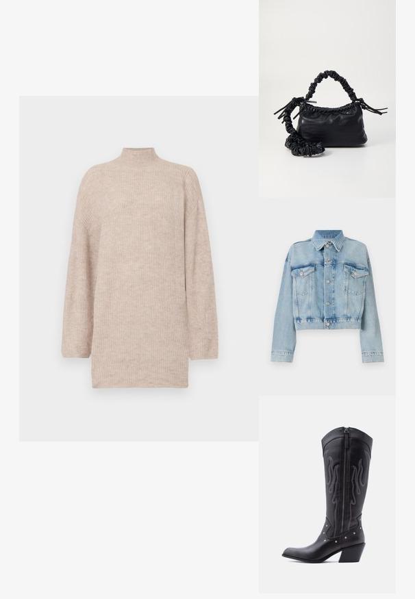 Lys blå denimjakke med et cropped design, der har to brystlommer, en krave og sølvfarvede knapper. Glat tekstur og afslappet stil.; Beige højhalset sweater med faldende skuldre, lavet af ribbet strikmateriale. Løs pasform med lange ærmer og en blød tekstur.; Sorte cowboystøvler i læder med spids tå, synlige sømme, sølvfarvede nitte-detaljer og lynlås på den indvendige side.; Sort kunstlæder håndtaske med krokodilteksur, indsnøret top og en sammenkrøben rem. Ser blød og kompakt ud i designet.