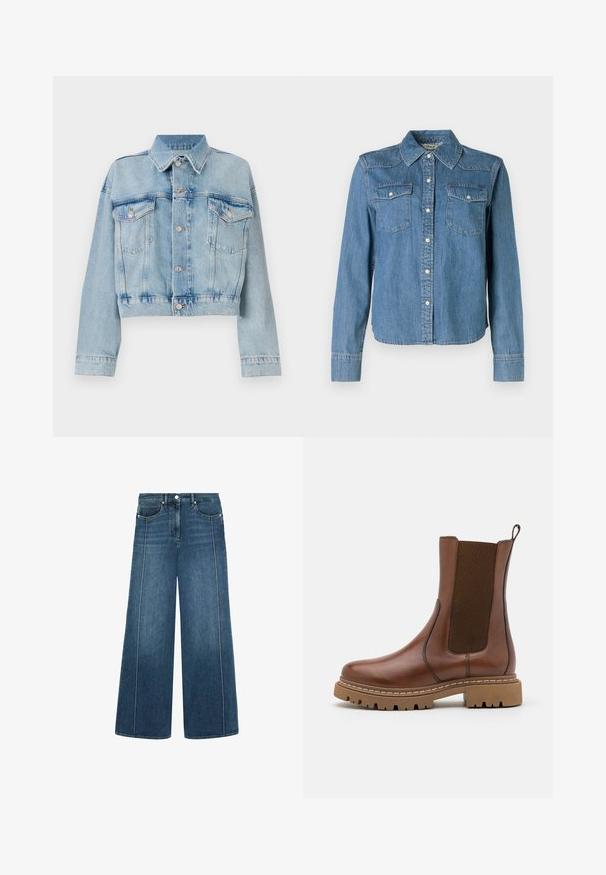 Hellblaue Jeansjacke mit verkürztem Design, ausgestattet mit zwei Brusttaschen, einem Kragen und Silberknöpfen. Glatte Textur und lässiger Stil.; Die Denim-Hemd zeichnet sich durch einen hellblauen Farbton, einen klassischen Kragen und zwei Brusttaschen aus. Es hat Druckknöpfe und lange Ärmel mit Knopfmanschetten.; Weite Jeans in dunkelblauem Denim mit kontrastierendem weißen Stich, Fünf-Taschen-Design und Knopfverschluss an der Taille.; Braune Leder-Ankle-Boots mit elastischen Einsätzen und einem Ziehschlaufe. Sie verfügen über eine robuste Gummisohle und sichtbare Nahtdetails entlang der Kanten.