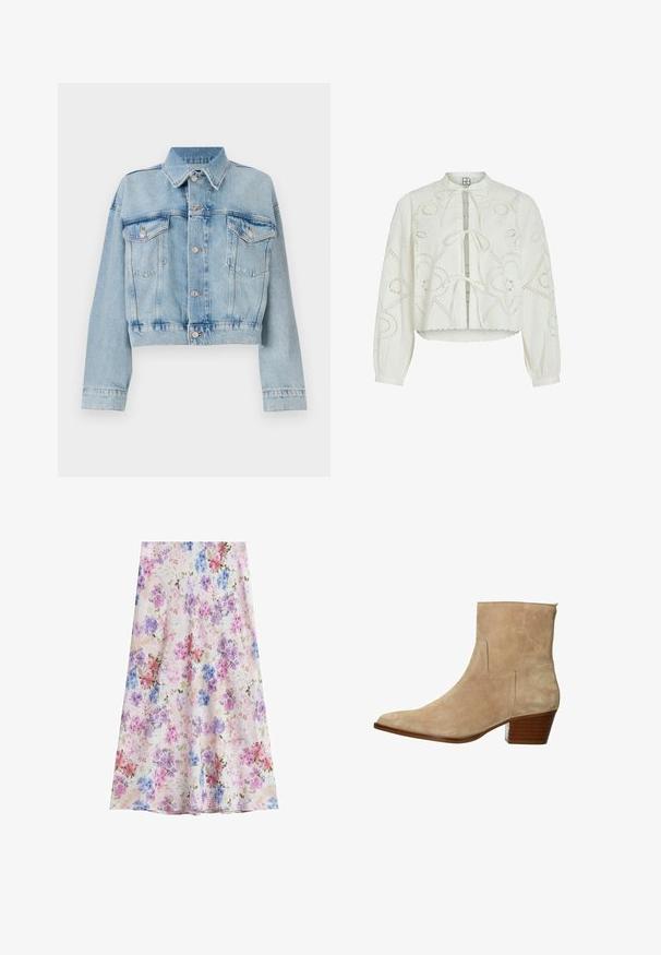 Lichtblauwe denimjas met een cropped ontwerp, voorzien van twee borstzakken, een kraag en zilverkleurige knopen. Zachte textuur en casual stijl.; Witte blouse met lange mouwen, versierd met bloemige oogjesborduurwerk, drie strikjes aan de voorkant, een golvende zoom en licht opgeblazen mouwen met knoopmanchetten.; A-lijn rok met een pastelbloemenpatroon met roze, paarse en blauwe bloemen op een lichtbeige achtergrond.; Beige suède enkellaarsje met een puntige neus en een gestapeld houten hak, met minimale stiknaad en een gladde textuur.