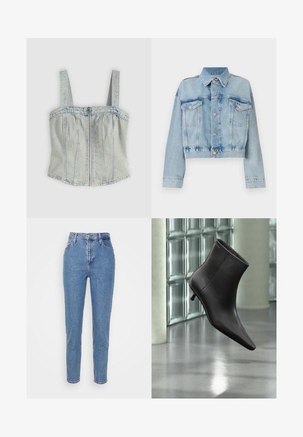 Chaqueta de denim azul claro con un diseño corto, que presenta dos bolsillos en el pecho, un cuello y botones en tono plateado. Textura suave y estilo casual.; Top corset de mezclilla azul claro con tirantes anchos, cierre frontal con cremallera, detalles de costuras verticales y dobladillo recto.; Jeans de tiro alto rectos de color azul con botón frontal y cremallera, trabillas para cinturón y bolsillos, exhibidos sobre un fondo blanco liso.; Bota de cuero negro para el tobillo con puntera puntiaguda y tacón pequeño, exhibida frente a una pared de bloques de vidrio y un suelo pulido.