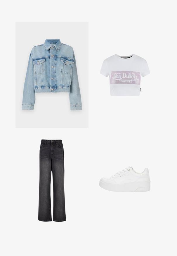 Hellblaue Jeansjacke mit verkürztem Design, ausgestattet mit zwei Brusttaschen, einem Kragen und Silberknöpfen. Glatte Textur und lässiger Stil.; Weißes, kurzärmeliges cropped T-Shirt mit einem rosa Strass-Logo-Print auf der Brust. Aus glattem Baumwollmaterial.; Schwarze Denim-Jeans mit weitem Bein und glatter Textur, mit hoher Taille, seitlichen Taschen und einer Knopfverschluss.; Weißer Plateau-Sneaker mit Schnürung vorne, perforierten Seitendetails und dicker Sohle, von der Außenseite vor weißem Hintergrund gezeigt.