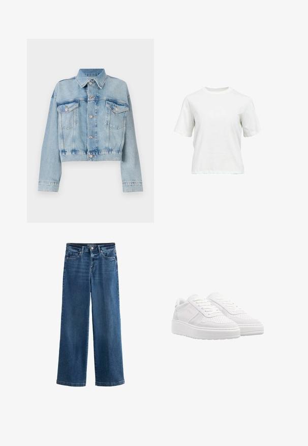 Lys blå denimjakke med et cropped design, der har to brystlommer, en krave og sølvfarvede knapper. Glat tekstur og afslappet stil.; Hvid bomulds-T-shirt med korte ærmer og rund hals i afslappet pasform, vist på en ensfarvet hvid baggrund.; Blå vidde jeans i denim med høj talje, fem lommer, subtile slidte detaljer, knaplukning og kontrasterende syninger.; Hvide sneakers med en overdel i ruskind og perforeret læder, flade snørebånd, polstret krave og en tyk, struktureret gummisål.