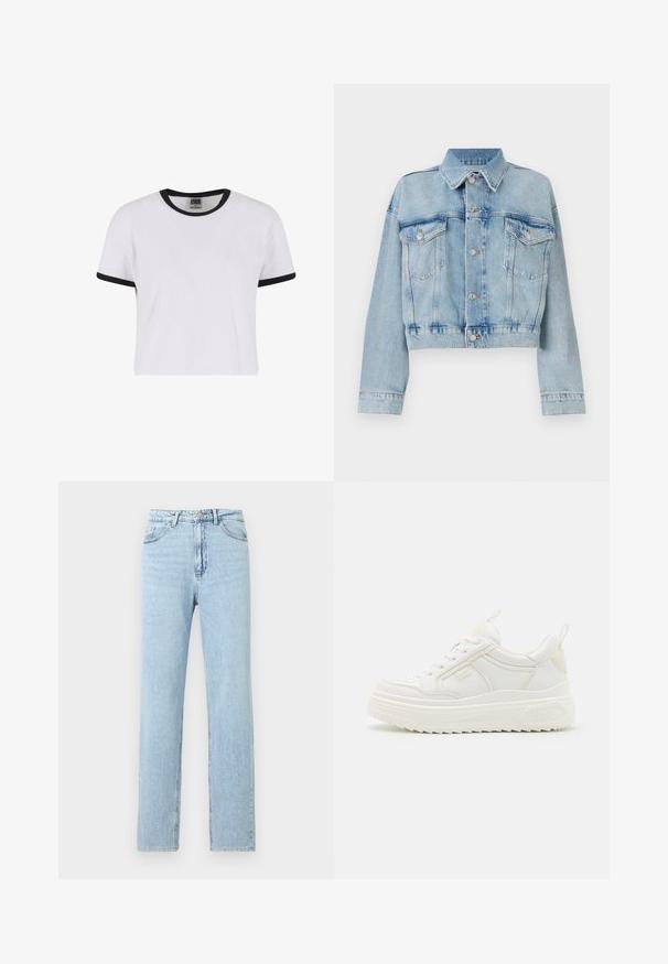 Lichtblauwe denimjas met een cropped ontwerp, voorzien van twee borstzakken, een kraag en zilverkleurige knopen. Zachte textuur en casual stijl.; Witte t-shirt met korte mouwen, voorzien van een zwarte geribbelde kraag en mouwmanchetten. Gemaakt van een zachte katoenstof, heeft het een klassieke pasvorm.; Lichtblauwe rechte spijkerbroek met voorzakken, riemlussen en een knoop- en ritssluiting.; Witte leren sneakers met een stevige zool, vetersluiting en subtiele branding. Heeft een zachte textuur en een ronde neus.