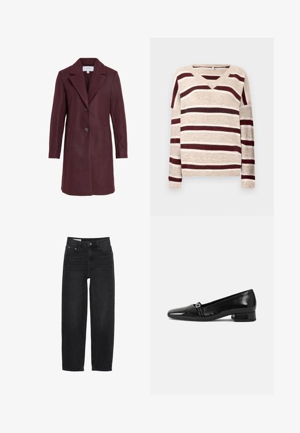 Bordeaux uldblandede frakke med notch-krave, lukning med to knapper, sidelommer og en skræddersyet pasform. Blød tekstur og rene linjer.; V-hals sweater i beige med mørkerøde og cremefarvede striber. Har lange ærmer og ribkant. Blød tekstur og afslappet pasform.; Sorte denim jeans med lige ben-design, der har en knaplukning, fem lommer og diskrete syninger.; Sorte patentlæder balletflade med spids tå, lav firkantet hæl og en lille metallisk spænde detalje på remmen. Glat tekstur.
