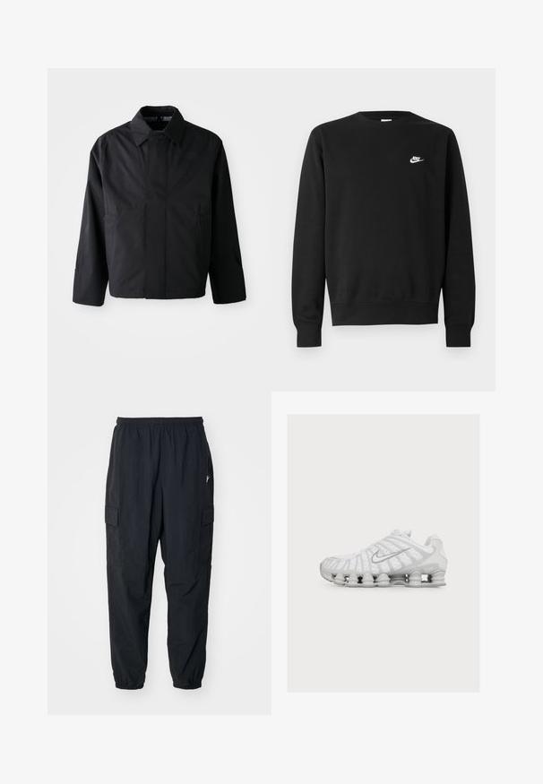 Veste noire courte avec col évasé, deux poches avant et manches longues. Fabriquée dans un matériau lisse et léger avec un branding subtil.; Sweat-shirt noir en coton, avec un col rond, des manches longues, et un petit logo Nike blanc sur la partie supérieure gauche de la poitrine.; Pantalons cargo noirs en matériau léger, avec une taille élastique, des poches latérales et une coupe décontractée avec des poignets élastiques.; Nike Sportswear SHOX TECH - Baskets basses - white/white/photon dust/light smoke grey