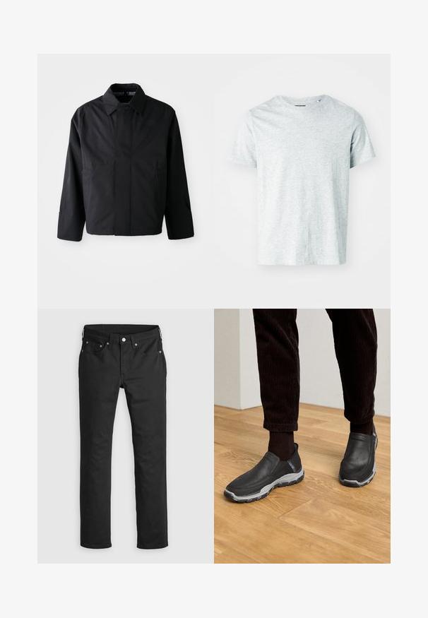 Sort, kort jakke med spredt krave, to forreste lommer og lange ærmer. Lavet af glat, let materiale med diskret branding.; Lys grå, kortærmet t-shirt lavet af blødt stof, med en rund hals og en let afslappet pasform. Ingen synlige mønstre eller grafik.; Sorte denimbukser med lige ben, der har lynlås i gylpen, fem lommer og metalknapdetaljer. Glat tekstur.; Sorte slip-on sko med strukturerede læderoverdele og en grå gummi sål, placeret på et trægulv og med fløjlsshorts.