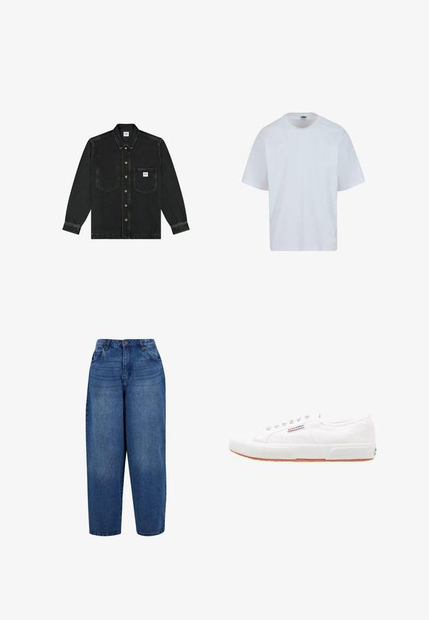 Lee LONG SLEEVE WRKWEAR RELAXED FIT - Cowboyjakker - no break; Hvid bomulds T-shirt med rund halsudskæring, korte ærmer og lige snit. Har subtile syningsdetaljer på skuldrene.; Højtaljede straight-leg jeans i mellemblå denim. Har fem-lomme design, metalknap lukning og dobbelt-stitchet kant.; Hvide kanvas sneakers med gummisål, snørebåndsdesign og et lille logo mærke på siden. Tekstureret hvid overdel og brun ydersål.