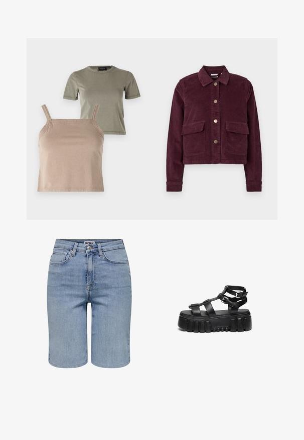Veste en velours côtelé bordeaux avec col, cinq boutons-pression en laiton et deux poches avant. Tissu texturé avec manches longues et coupe raccourcie.; Deux hauts : un T-shirt à manches courtes de couleur vert olive et un débardeur beige raccourci avec des bretelles fines, tous deux en tissu doux en mélange de coton.; Shorts en denim bleu clair avec poches avant, passants pour ceinture, un bouton en métal et une braguette zippée.; Des sandales compensées noires présentent des sangles superposées et des accents de boucle, avec une semelle épaisse et texturée et un design de semelle intérieure lisse.