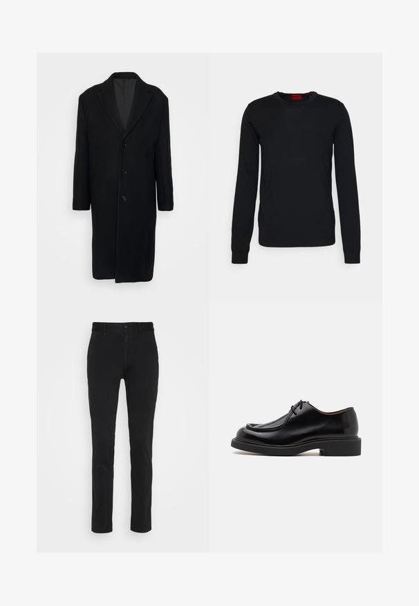 Filippa K LONDON COAT - Abrigo clásico - black; HUGO SAN CEDRIC - Jersey de punto - black; Chinos de algodón negros con un corte ajustado, que cuentan con una cintura estándar, bolsillos frontales y un solo bolsillo trasero. Textura suave y detalles mínimos.; Zapato de cuero negro con punta redondeada, detalles de costura, cordones mínimos y suela de goma gruesa para tracción y durabilidad.