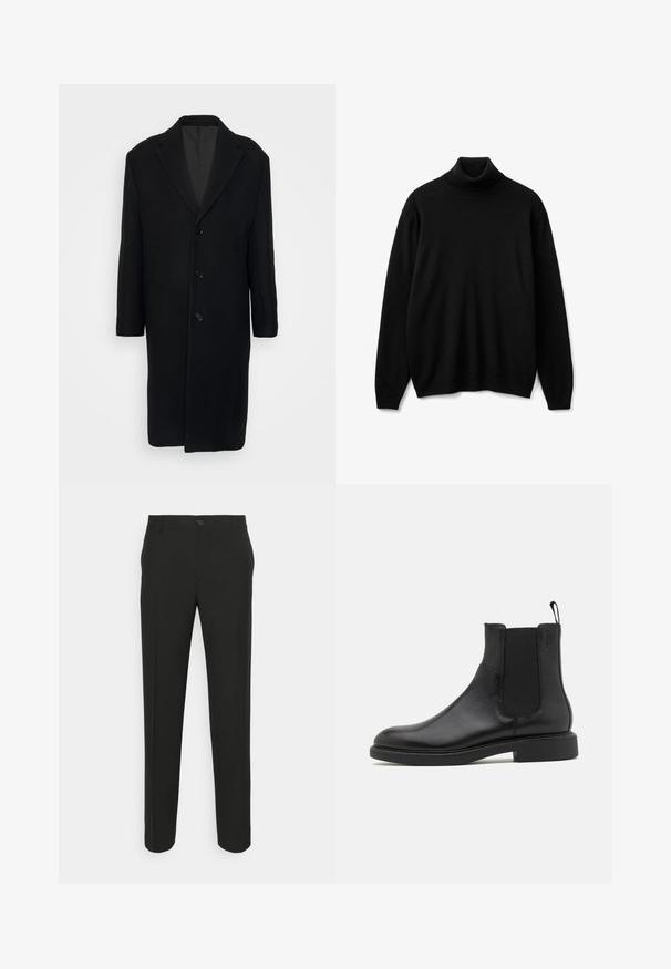 Filippa K LONDON COAT - Klassischer Mantel - black; Schwarzer Rollkragenpullover aus weichem Stoff, mit langen Ärmeln, einem enganliegenden Kragen und einer lockeren Passform. Keine Muster oder Verzierungen sichtbar.; Schwarze, maßgeschneiderte Hose mit geradem Schnitt, ausgestattet mit einem einzelnen Knopfverschluss und Gürtelschlaufen. Glattes, mattes Material ohne Muster.; Schwarze Leder-Ankle-Boots mit glatter Textur, elastischen Seitenpaneelen und einer Zuglasche. Runde Zehenpartie und flache Gummisohle mit minimalem Profil.