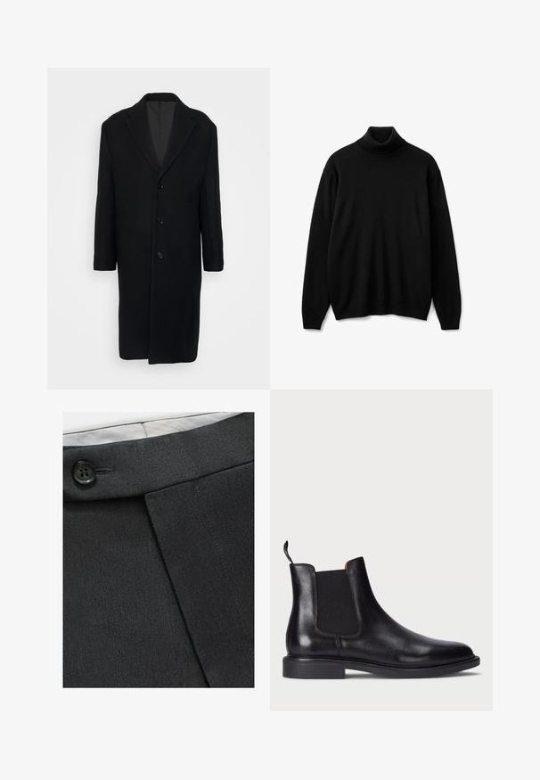 Filippa K LONDON COAT - Mantel - black; Zwarte coltrui gemaakt van zachte stof, met lange mouwen, een aangesloten hals en een relaxte pasvorm. Geen patronen of versieringen zichtbaar.; Zwarte op maat gemaakte broek van een gladde stof, met knoopdetail op de tailleband en een geplooid ontwerp voor een gestructureerde vorm.; Zwarte leren Chelsea-boot met elastische zijpanelen, een gestructureerde afwerking, een ronde neus en een lage gestapelde hak. Voorzien van een trekband voor gemakkelijk aan- en uittrekken.