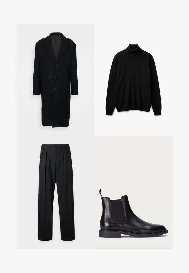 Filippa K LONDON COAT - Klassischer Mantel - black; Schwarzer Rollkragenpullover aus weichem Stoff, mit langen Ärmeln, einem enganliegenden Kragen und einer lockeren Passform. Keine Muster oder Verzierungen sichtbar.; Schwarze hoch taillierte maßgeschneiderte Hose mit Gürtelschlaufen, vorderen Falten, Knopfverschluss und geraden, weiten Beinen auf hellem Hintergrund.; Schwarze Leder Chelsea-Stiefel mit elastischen Seitenteilen, strukturiertem Finish, abgerundeter Spitze und niedrigem, gestapeltem Absatz. Verfügt über eine Zuglasche für leichtes Anziehen.