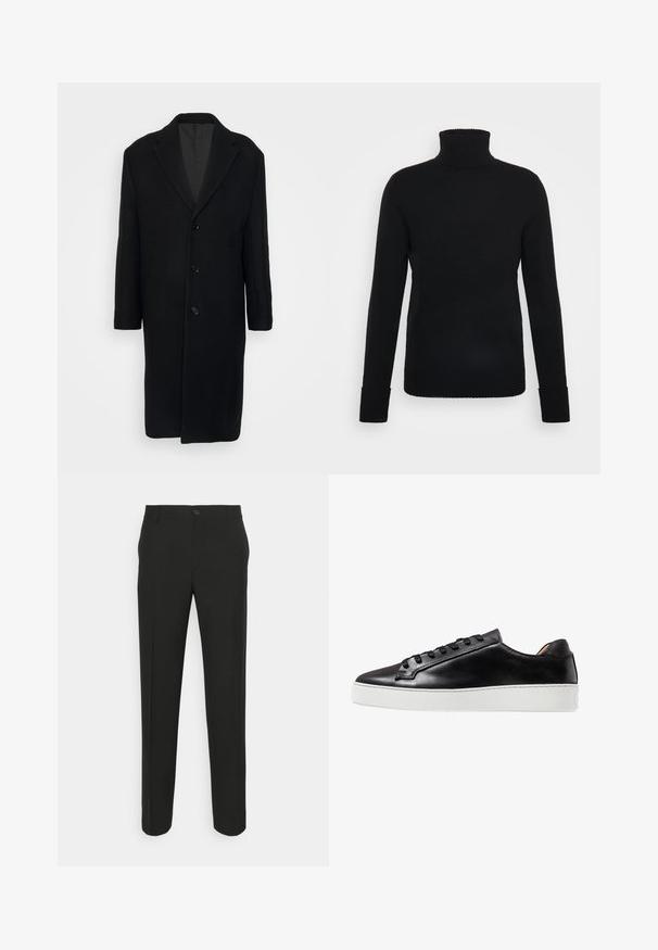 Filippa K LONDON COAT - Mantel - black; FTC Cashmere ROLLNECK - Trui - moonless night; Zwarte tailleurbroek met rechte snit, voorzien van een enkele knoopsluiting en ceintuurlussen. Glad, matte stof zonder patronen.; Zwarte leren sneaker met een gladde afwerking, voorzien van een witte rubberen zool, vetersluiting en minimalistische designaccenten.