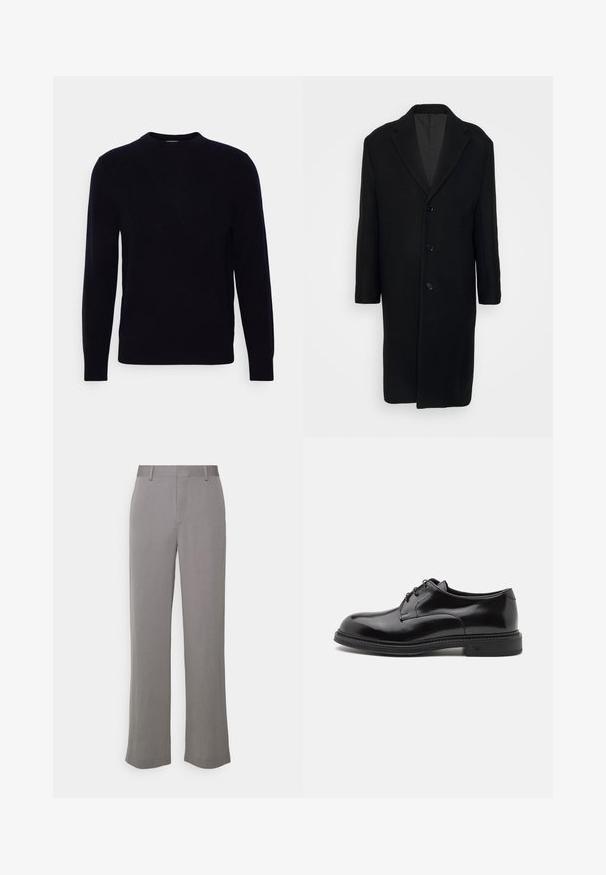 Filippa K LONDON COAT - Mantel - black; Donkerblauwe crewneck trui met lange mouwen, gemaakt van zachte stof. Heeft een gladde textuur en een klassieke pasvorm, zonder zichtbare patronen of accenten.; Tiger of Sweden TREY - Broek - grey shadow; Zwarte leren nette schoen met een gladde afwerking, ronde neus en veters. Heeft een dikke zwarte zool en subtiele stiksels langs de rand.