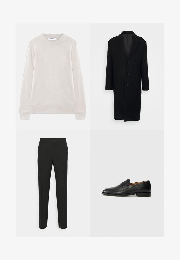 Filippa K LONDON COAT - Mantel - black; Lichtbeige lange mouwen crewneck trui met geribbelde manchetten en zoom, subtiel logo op de linkerkant van de borst en J.Lindeberg label in de kraag.; Zwarte tailleurbroek met rechte snit, voorzien van een enkele knoopsluiting en ceintuurlussen. Glad, matte stof zonder patronen.; Zwarte leren instapper met een ronde neus, subtiele stikdetails en een lage hak, met een gladde textuur en een minimalistisch ontwerp.