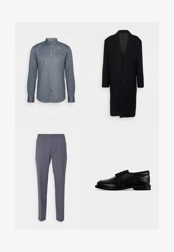 Filippa K LONDON COAT - Klassisk frakke - black; Langærmet skjorte i mørkegrå stof, med krave, frontknapper og manchetter. Glat tekstur med en tætsiddende pasform.; Theory MAYER NEW TAIL - Bukser - medium charcoal; Sort læder herresko med snørebånd, lav hæl og præget mærkenavn på siden, vist i sideprofil på hvid baggrund.