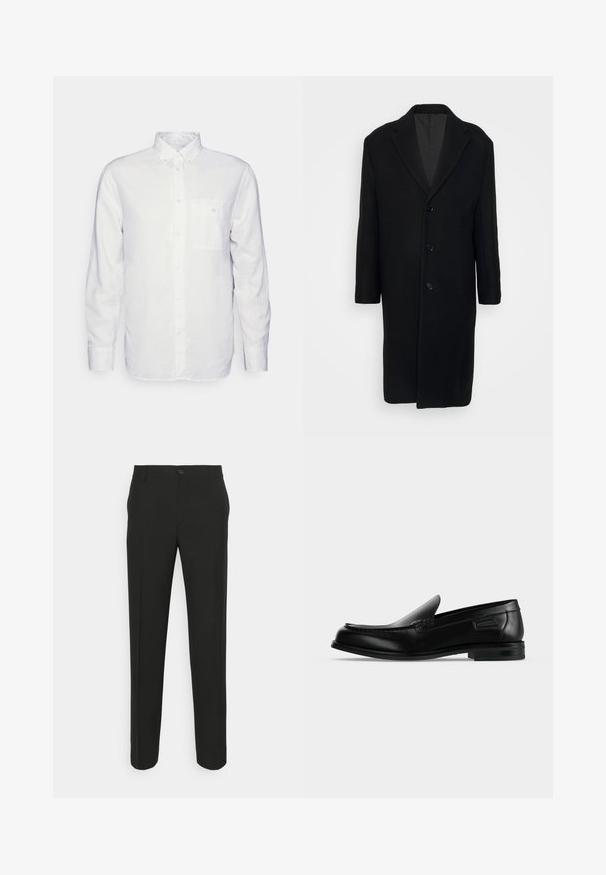 Filippa K LONDON COAT - Manteau classique - black; Chemise blanche à manches longues en coton, avec un col à rabat, une poche avant et une coupe régulière. Tissu texturé avec une surface lisse.; Pantalons noirs ajustés à coupe droite, dotés d'une fermeture à un bouton et de passants de ceinture. Tissu lisse, mat et sans motifs.; Mocassin noir en cuir à enfiler avec un petit talon, un bout arrondi et des surpiqûres décoratives le long du bord supérieur.
