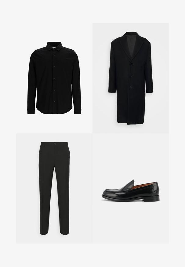 Filippa K LONDON COAT - Mantel - black; Zwarte langmouwen shirt van gladde stof, met een knoopsluiting aan de voorkant, een kraag en een subtiel geborduurd logo op de borst.; Zwarte tailleurbroek met rechte snit, voorzien van een enkele knoopsluiting en ceintuurlussen. Glad, matte stof zonder patronen.; Zwarte gepolijste leren instap loafer met lage hak en gestikte details langs de neus en zijkanten, zijaanzicht.