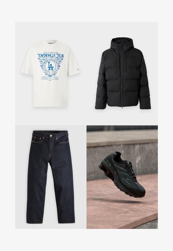 Schwarze Pufferjacke mit Kapuze, ausgestattet mit einem horizontalen Steppmuster, mit Reißverschluss vorne und zwei seitlichen Taschen. Hergestellt aus einem glatten, wasserabweisenden Material.; Weißes Baumwoll-T-Shirt mit blauem Grafiktext "LOS ANGELES DODGERS" und "SINCE 1958" sowie floralen Akzenten und dem "LA"-Logo in der Mitte.; Dunkelblaue Jeans aus Denim mit geradem Schnitt, fünf Taschen, kontrastierenden orangen Nähten und einem Knopfverschluss. Keine sichtbaren Muster oder Verzierungen.; Schwarzer athletischer Sneaker mit sichtbarer Air-Cushioning-Zwischensohle, der über einer rosa Steinoberfläche mit grauer Steinmauer im Hintergrund schwebt.