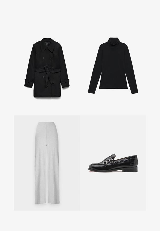 Abrigo trench negro de doble botonadura con cuello ancho, cinturón en la cintura y puños con botones, mostrado plano con las mangas extendidas.; Sudadera negra de manga larga con cuello alto. Tejido suave, diseño ajustado, cuello alto y costuras laterales. Estilo sencillo y versátil, adecuado para combinar en capas.; Pantalones de pierna ancha gris claro de canalé con una cintura alta y una abertura frontal. Fabricados en un tejido suave con una textura lisa.; Mocasín de charol negro con acentos de doble hebilla plateada, punta ligeramente redondeada y tacón bajo apilado. Detalle de costura texturizada a lo largo de la parte superior.