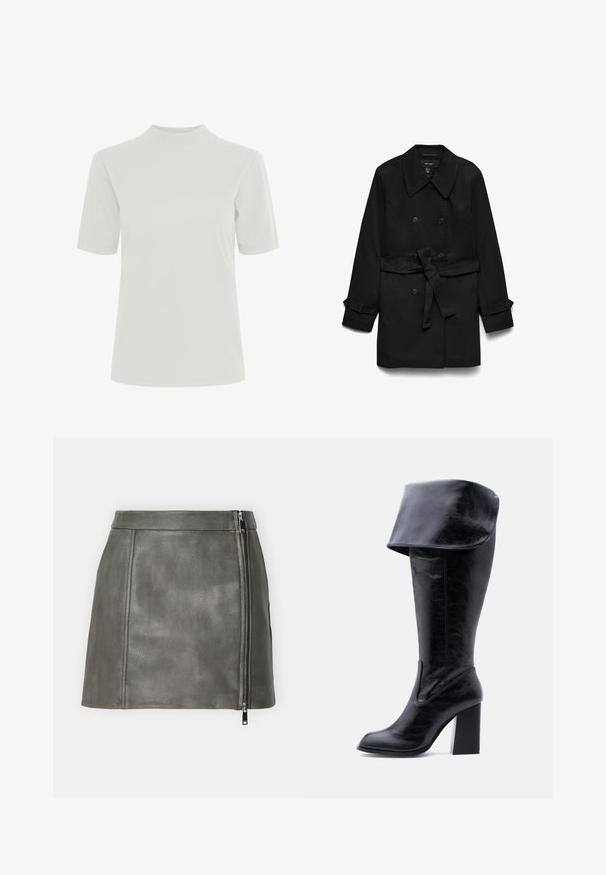 Trench-coat noir croisé avec large col, ceinture à la taille et poignets boutonnés, présenté à plat avec les manches étendues.; ICHI IHRANIA SHORT SLEEVE - T-shirt basique - cloud dancer; Jupe en cuir gris avec une silhouette ajustée et une fermeture éclair latérale. Finition texturée avec des détails de couture visibles.; Botte haute en cuir noir avec talon, bord plié et bout arrondi, debout sur un fond blanc.