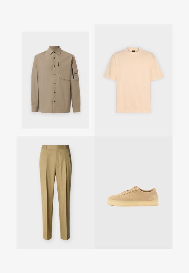 Chemise beige à manches longues avec col, boutons-pression noirs, une poche poitrine zippée et une poche plaquée zippée sur la manche gauche.; T-shirt beige uni à manches courtes avec col rond et étiquette BOSS à l'intérieur du col arrière, présenté sur un fond gris clair.; Pantalon beige ajusté avec passants de ceinture et pli frontal, présenté sur un fond clair uni.; Baskets basses en daim beige avec semelle épaisse en gomme, fermeture à lacets à l'avant, et logo discret sur le côté, sur un fond uni gris clair.