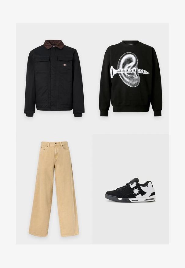 Sort arbejdjakke med brun kordfløjlskrage, to brystlommer med flap og en frontlynlås dækket af en klap, med et lille brandlogo på brystet.; Sort sweatshirt med en stor hvid grafik af et øre og en skrue, med lange ærmer og rund halsudskæring. Glat stoftekstur.; Beige, højttaljede bukser med vide ben, forrest med knap og lynlås, bæltestropper og forlommer på en ensfarvet baggrund.; Sort og hvid sneakers lavet af ruskind og mesh. Har et fremtrædende stjernelogo og dristige detaljer på siden, samt en polstret sål.