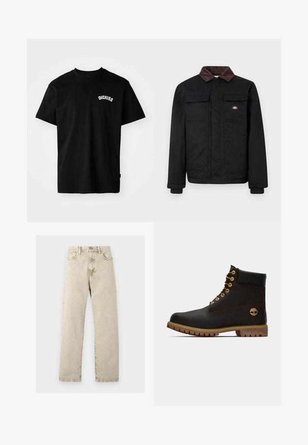 Schwarze Arbeitsjacke mit braunem Cordkragen, zwei Brusttaschen mit Klappen und einem vorne mit einer Leiste verdeckten Reißverschluss, mit kleinem Markenlogo auf der Brust.; Schwarzes Baumwoll-T-Shirt mit kurzen Ärmeln und Rundhalsausschnitt. Mit einem weißen, geschwungenen Logo "DICKIES" auf der Brust. Schlichtes Design, ohne Muster.; Beige Jeans aus Denim mit hoher Taille, geradem Bein, fünf Taschen und sichtbaren Nähten auf hellem Hintergrund.; Schwarze Leder-Ankle-Boots mit goldenen Ösen, braunen Akzenten und einer Gummisohle. Verfügt über einen gepolsterten Schaft und ein geprägtes Logo an der Seite.