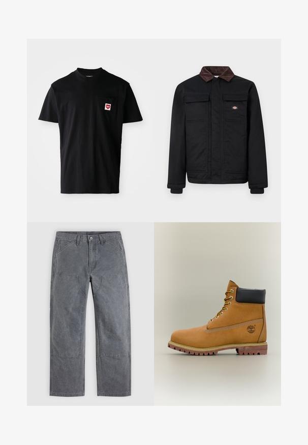 Schwarze Arbeitsjacke mit braunem Cordkragen, zwei Brusttaschen mit Klappen und einem vorne mit einer Leiste verdeckten Reißverschluss, mit kleinem Markenlogo auf der Brust.; Schwarzes Baumwoll-T-Shirt mit rundem Halsausschnitt, kurzen Ärmeln und einer linken Brusttasche, die mit einem roten Herz-Patch und weißem Text versehen ist.; Graue Hose mit geradem Bein, verstärkten Knienähten, Vordertaschen und Gürtelschlaufen, flach auf einem schlichten Hintergrund präsentiert.; Brauner Leder-Stiefelette mit schwarzem Kragen, gelben Schnürsenkeln und hellbrauner Sohle. Verfügt über ein Logo und weiße Ziernähe. Robuste Profilsohle.