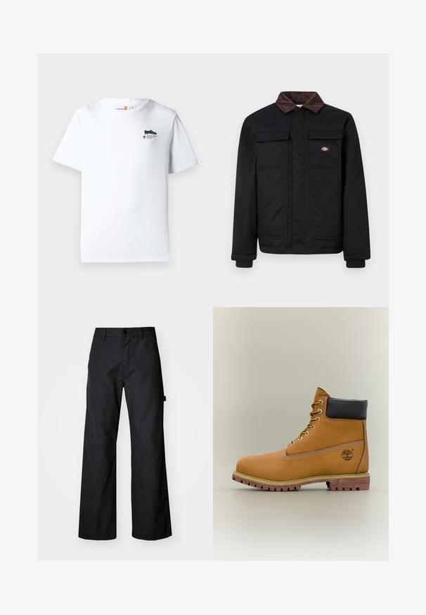 Sort arbejdjakke med brun kordfløjlskrage, to brystlommer med flap og en frontlynlås dækket af en klap, med et lille brandlogo på brystet.; Hvid bomulds t-shirt med rund hals, korte ærmer og et lille sort grafik på brystet. Blød tekstur og standard pasform.; Svarte breddebenede bukser fremstillet af holdbart stof. Har en knaplukning og sidelommer. Glat tekstur med et enkelt design.; Brun læderankelstøvle med sort krave, gule snørebånd og tanfarvet sål. Har logo og hvide syninger som detalje. Robust ydersål med greb.