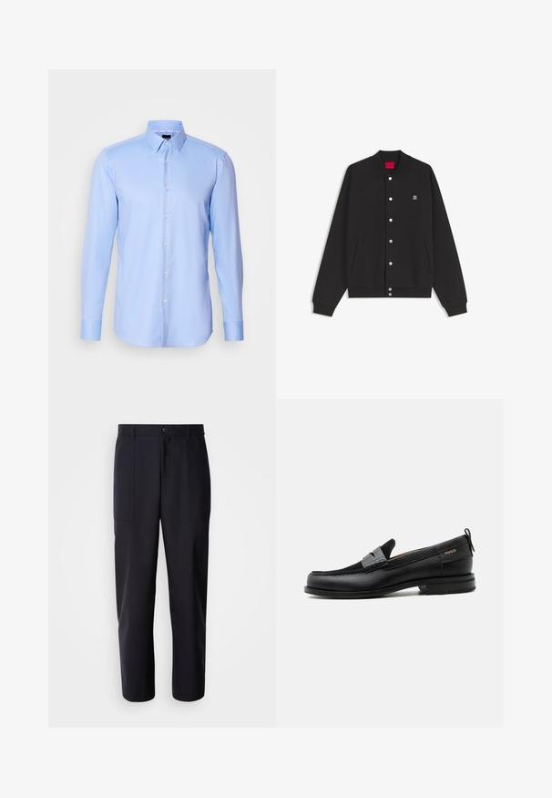 Veste bomber noire à boutons, avec poignets et col côtelés, poches latérales et petit logo Hugo sur la poitrine gauche.; Chemise à manches longues bleu clair, boutonnée, en tissu texturé avec un col pointu et une fermeture classique à boutons à l'avant.; Pantalons bleu marine foncé en tissu lisse, présentant une coupe droite, deux poches latérales et une fermeture à bouton à la taille.; Mocassin en cuir noir avec détail de bride grise, talon bas et semelle texturée, marqué "HUGO" en or sur le côté.