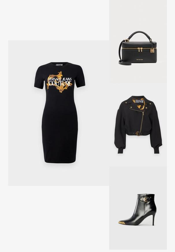 Čierna krátka bunda so zlatým zipsom, gombíkmi a prackou opasku, nadýchané dlhé rukávy a štítok "Versace Jeans Couture" vo vnútri goliera.; Čierne priliehavé šaty s krátkym rukávom, ktoré sú zdobené zlatým a bielym logom "VERSACE JEANS COUTURE" a zložitými zlatými vzormi na prednej strane.; Čierna členková čižma z lesklej kože s špicatou špičkou, ihličkovým podpätkom a zlatými ozdobami vrátane dekoratívnej prackovej detaily.; Čierna obdĺžniková kabelka Michael Kors s vrchným uchom, zlatým zipsom a logom a odnímateľným ramenným popruhom na sivom pozadí.