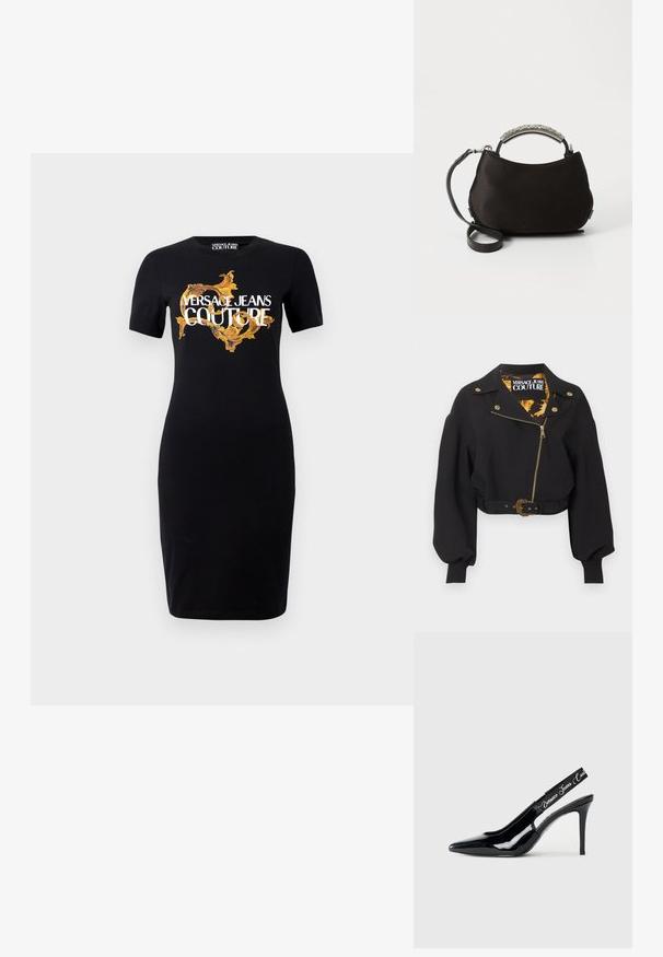 Chaqueta negra corta con cremallera dorada, botones, hebilla del cinturón, mangas largas abullonadas y etiqueta "Versace Jeans Couture" en el interior del cuello.; Vestido negro ajustado con mangas cortas que presenta el logo en oro y blanco "VERSACE JEANS COUTURE" y patrones intrincados en dorado en la parte frontal.; Zapato de tacón slingback de charol negro con diseño de punta afilada, que presenta una sección cortada y una banda elástica grabada con el nombre de la marca.; Bolso de satén negro con un asa curva de plata y una correa negra desmontable. Textura suave y forma redondeada con un diseño minimalista.
