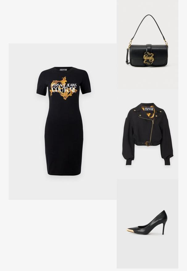 Mustast lühendatud jopes kullast tõmblukk, nupud ja vöö pandlaga, täispuhutud pikad varrukad ning krae sees "Versace Jeans Couture" silt.; Mustmust mustrõiv mustade lühikeste käistega, millel on kuldne ja valge "VERSACE JEANS COUTURE" logo ning keerukad kuldsed mustrid ees.; Mustmust suured mõõgapead; pöidla kurgus on metallist kullatooni aktsent. Sile pind ja peen disain.; Mustast nahast õlakott, millel on kuldne topeltsisalikuga kinnitus ja esiklapil "Just Cavalli" logo plaat.