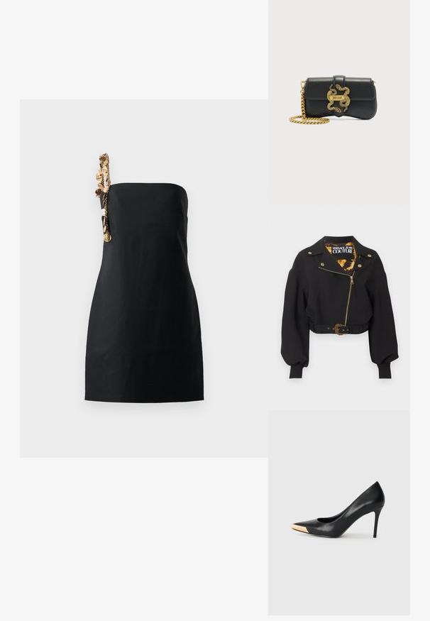 Sort cropped jakke med guld lynlås, knapper og bæltespænde, puffede lange ærmer og "Versace Jeans Couture"-mærke inde i kraven.; Sort mini kjole med en struktureret, lige pasform og en dekorativ kæde i guldfarve på den ene skulder. Glat stofstruktur.; Sort læder stiletter med spids tå; har et metalisk guldakcent på tåkapperne. Glat overflade med et strømlinet design.; Sort skuldertaske i læder med guld kæderem og dekorativ spænde formet som en slange med "Just Cavalli" logo.