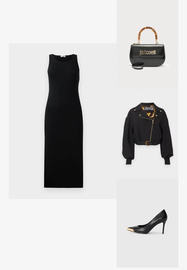 Schwarze kurz geschnittene Jacke mit goldfarbenem Reißverschluss, Knöpfen und Gürtelschnalle, aufgebauschten langen Ärmeln und "Versace Jeans Couture"-Etikett im Krageninneren.; Ärmeloses schwarzes Maxikleid mit rundem Ausschnitt und figurbetonter Silhouette, auf einem schlichten hellen Hintergrund präsentiert.; Schwarzer Leder-Pumps mit hohen Absätzen und spitzem Zehenbereich; verfügt über einen metallisch goldenen Akzent auf der Zehenkappe. Glatte Oberfläche mit einem eleganten Design.; Schwarze Lederhandtasche mit goldenem "Just Cavalli"-Logo auf der Vorderseite und gebogenem Bambusgriff, ausgestattet mit einem abnehmbaren langen Riemen.