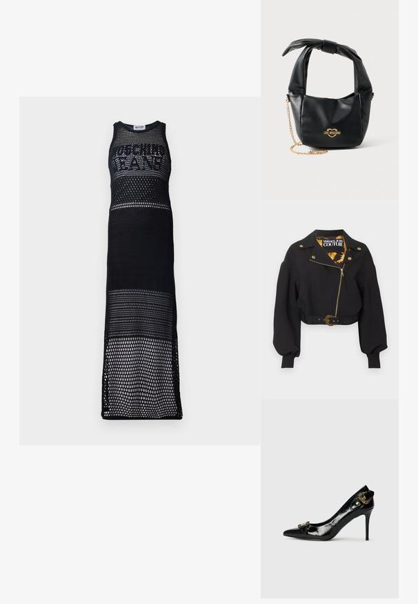 Mustast lühendatud jopes kullast tõmblukk, nupud ja vöö pandlaga, täispuhutud pikad varrukad ning krae sees "Versace Jeans Couture" silt.; Must mustriga maxi kleit ilma varrukateta disainiga. Omab suurt logo rinna piirkonnas, esitledes avatud kudumismustrit ja sirget siluetti.; Musta lakknahast kõrge kontsaga king, terava varbaga, ees kaunistusena paelte tegemine ja taga dekoratiivne kuldtoonist detail.; Mustast pehmest nahast Love Moschino käekott sõlmitud sangaga ja kuldse kettidega rihmaga valgel taustal.