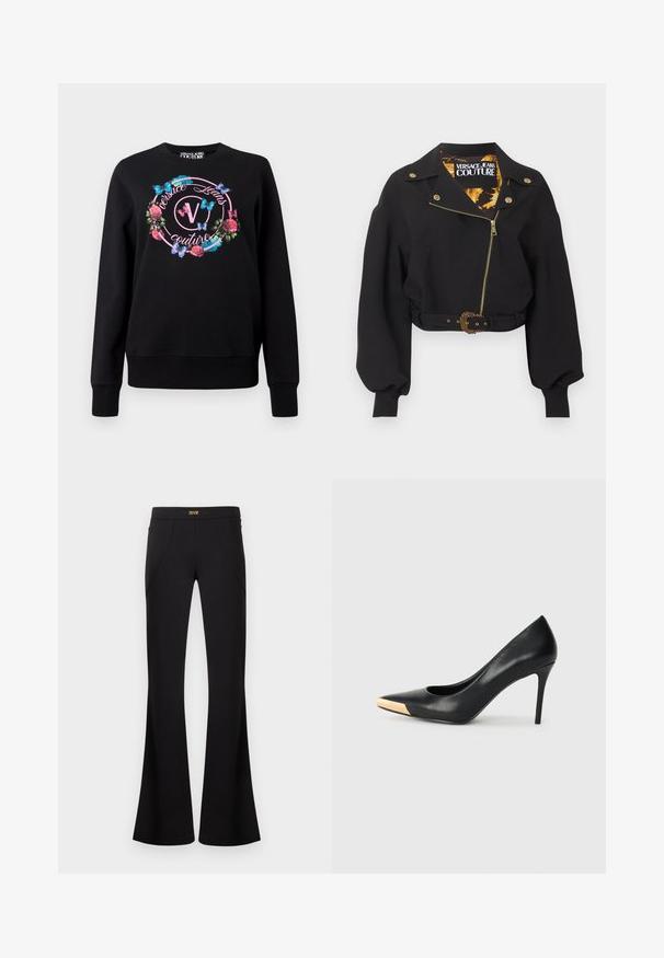 Chaqueta negra corta con cremallera dorada, botones, hebilla del cinturón, mangas largas abullonadas y etiqueta "Versace Jeans Couture" en el interior del cuello.; Sudadera negra con un diseño gráfico de flores y mariposas, con un logo en el centro. Los puños y el dobladillo acanalados aportan estructura.; Pantalones negros acampanados con detalles de costura frontal y una etiqueta con logo dorado en la cintura, exhibidos sobre un fondo claro y sencillo.; Zapato de tacón alto de cuero negro con puntera afilada; presenta un detalle metálico dorado en la tapa del tacón. Superficie lisa con un diseño elegante.