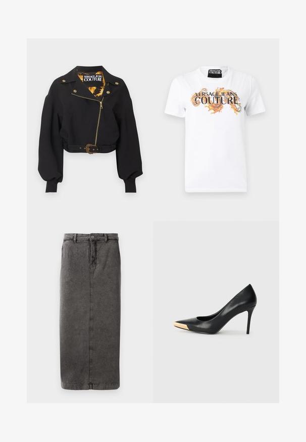 Sort cropped jakke med guld lynlås, knapper og bæltespænde, puffede lange ærmer og "Versace Jeans Couture"-mærke inde i kraven.; Hvid T-shirt med korte ærmer med teksten "Versace Jeans Couture" og orange dekorative kruseduller på forsiden, rund halsudskæring.; Grå, bomuldsblandet nederdel med en lige silhuet, knap- og lynlåslukning, bæltestropper og en enkelt baglomme.; Sort læder stiletter med spids tå; har et metalisk guldakcent på tåkapperne. Glat overflade med et strømlinet design.