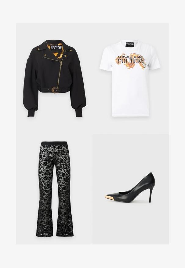 Schwarze kurz geschnittene Jacke mit goldfarbenem Reißverschluss, Knöpfen und Gürtelschnalle, aufgebauschten langen Ärmeln und "Versace Jeans Couture"-Etikett im Krageninneren.; Weißes T-Shirt mit kurzen Ärmeln und dem Schriftzug "Versace Jeans Couture" sowie orangen dekorativen Wirbeln auf der Vorderseite, Rundhalsausschnitt.; Schwarze spitzen Schlaghosen mit Blumenmuster, elastischem schwarzen Bund, transparenter Textur und figurbetontem Schnitt.; Schwarzer Leder-Pumps mit hohen Absätzen und spitzem Zehenbereich; verfügt über einen metallisch goldenen Akzent auf der Zehenkappe. Glatte Oberfläche mit einem eleganten Design.