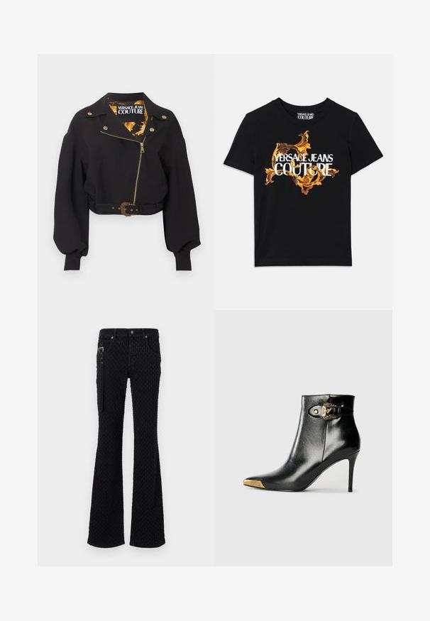 Chaqueta negra corta con cremallera dorada, botones, hebilla del cinturón, mangas largas abullonadas y etiqueta "Versace Jeans Couture" en el interior del cuello.; Camiseta de algodón negra con el texto blanco "VERSACE JEANS COUTURE" y un diseño dorado ornamentado que rodea el texto, mangas cortas y cuello redondo.; Jeans negros de campana con una tela texturizada y un patrón sutil, accesorios de metal plateado y bolsillos frontales. Detalle con cremallera en el costado.; Botín negro hasta el tobillo fabricado en cuero brillante, con punta puntiaguda, tacón de aguja y detalles dorados con una hebilla decorativa.