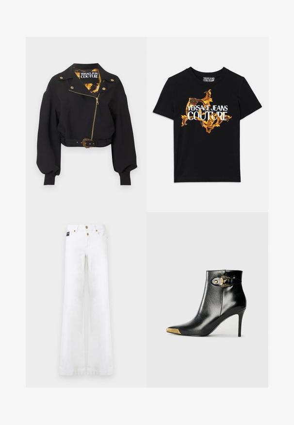 Mustast lühendatud jopes kullast tõmblukk, nupud ja vöö pandlaga, täispuhutud pikad varrukad ning krae sees "Versace Jeans Couture" silt.; Must musta T-särk, millel on valge tekst "VERSACE JEANS COUTURE" ja elegantne kuldne disain teksti ümber, lühikesed varrukad, ümar kaelus.; Valged laia säärega teksad esitaskute, vöökohtade ja kuldsete nuppudega, ühtlasel taustal.; Mustast läikivast nahast pahkluu saabas, millel on terav nina, kontsasstiletokonts ja kuldse tooniga riistvara koos dekoratiivse pandla detailiga.