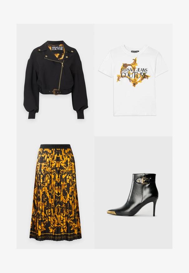 Sort cropped jakke med guld lynlås, knapper og bæltespænde, puffede lange ærmer og "Versace Jeans Couture"-mærke inde i kraven.; Hvid bomulds t-shirt med et guld- og brun barokmønster, hvor "VERSACE JEANS COUTURE" er fremtrædende i sort skrift.; Plisseret nederdel med et sort stof og et levende gyldent blomstermønster. Livremmen er sort med prægede bogstaver.; Sort ankelstøvle lavet af skinnende læder med spids tå, stilet hæl og guldfarvet hardware med en dekorativ spænde-detalje.