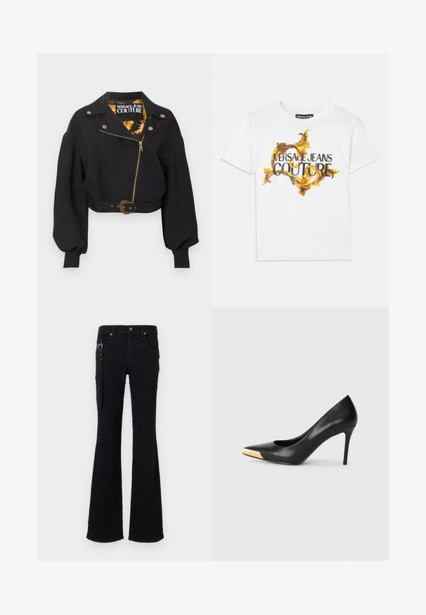 Čierna krátka bunda so zlatým zipsom, gombíkmi a prackou opasku, nadýchané dlhé rukávy a štítok "Versace Jeans Couture" vo vnútri goliera.; Biele bavlnené tričko s gold a hnedým barokovým vzorom, s výrazným nápisom "VERSACE JEANS COUTURE" v čiernych písmenách.; Čierne rozšírené džínsy s textúrovanou látkou s jemným vzorom, striebornými detailmi a prednými vreckami. Zips na boku.; Čierny kožený lodičkový topánok na vysokom opätku s špicatou špičkou; zdobený kovovým zlatým akcentom na špičke. Hladký povrch s elegantným dizajnom.