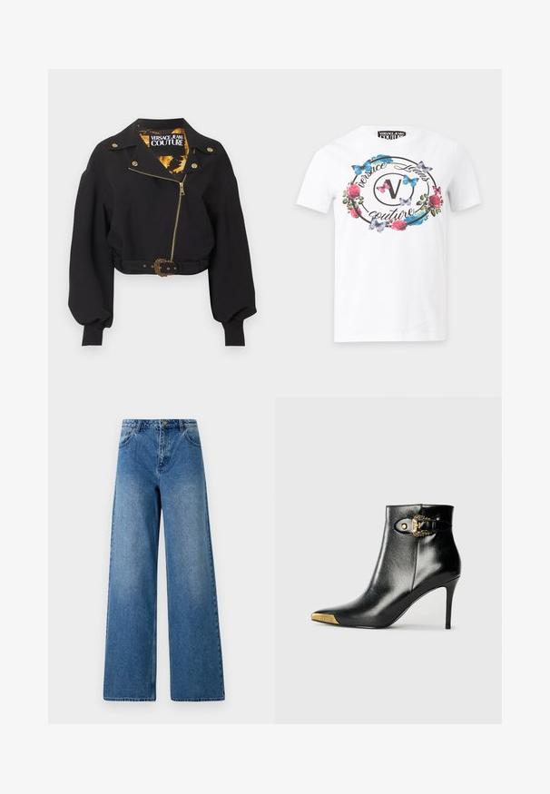 Zwarte cropped jas met gouden rits, knopen en gesp van de riem, opgeblazen lange mouwen en een "Versace Jeans Couture" label aan de binnenkant van de kraag.; Wit Versace Jeans Couture T-shirt met zwart rond logo, roze rozen en blauwe en roze vlinders aan de voorkant.; Wijduitlopende jeans van blauwe denim. Heeft een hoge taille, vijf zakken en een sluiting met een knoop aan de voorkant. Glad textuur met lichte vervaging.; Zwarte enkellaars van glanzend leer met een spits toelopende neus, naaldhak en goudkleurige sierhardware met een decoratieve gespdetail.