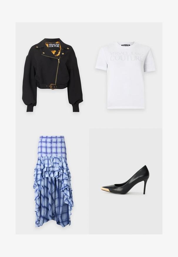 Sort cropped jakke med guld lynlås, knapper og bæltespænde, puffede lange ærmer og "Versace Jeans Couture"-mærke inde i kraven.; Hvid T-shirt med korte ærmer med teksten "Versace Jeans Couture" i lysegrå tværs over brystet, rund halsudskæring og almindelig pasform.; Blåternet nederdel med lagdelte rynker, der har forskellige nuancer af blå samt blå og hvide ternmønstre. Letvægtsstof, ankellængde design.; Sort læder stiletter med spids tå; har et metalisk guldakcent på tåkapperne. Glat overflade med et strømlinet design.
