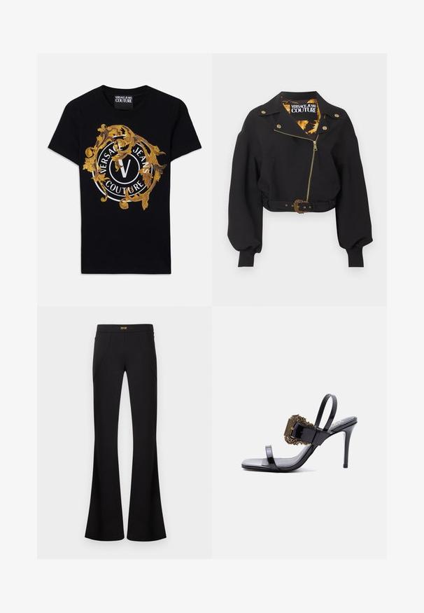 Schwarze kurz geschnittene Jacke mit goldfarbenem Reißverschluss, Knöpfen und Gürtelschnalle, aufgebauschten langen Ärmeln und "Versace Jeans Couture"-Etikett im Krageninneren.; Schwarzes kurzärmliges T-Shirt von Versace Jeans Couture mit goldenem Barockdesign und weißem kreisförmigem Logo, das auf der Vorderseite zentriert ist.; Schwarze Schlaghosen mit vorderen Nahtdetails und einem goldenen Logolabel am Bund, präsentiert vor einem schlichten hellen Hintergrund.; Schwarzer Sandale mit hohem Absatz aus Lackleder, dünnen Riemen und einer großen, kunstvoll gestalteten goldenen Schnalle auf dem vorderen Riemen.
