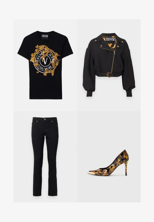 Čierna krátka bunda so zlatým zipsom, gombíkmi a prackou opasku, nadýchané dlhé rukávy a štítok "Versace Jeans Couture" vo vnútri goliera.; Čierne tričko s krátkym rukávom od Versace Jeans Couture so zlatým barokovým dizajnom a bielym kruhovým logom umiestneným v strede na prednej strane.; Čierne džíny z denimu s rovnými nohavicami, dizajnom s piatimi vreckami, zapínaním na gombík a zlatými kovovými akcentmi. Mäkka textúra s minimálnymi detailmi.; Dámska vysoká ihlová obuv s špicatou špičkou a lesklým čiernym povrchom, zdobená zlatými kvetinovými vzormi a kovovým zlatým uzáverom na špičke.